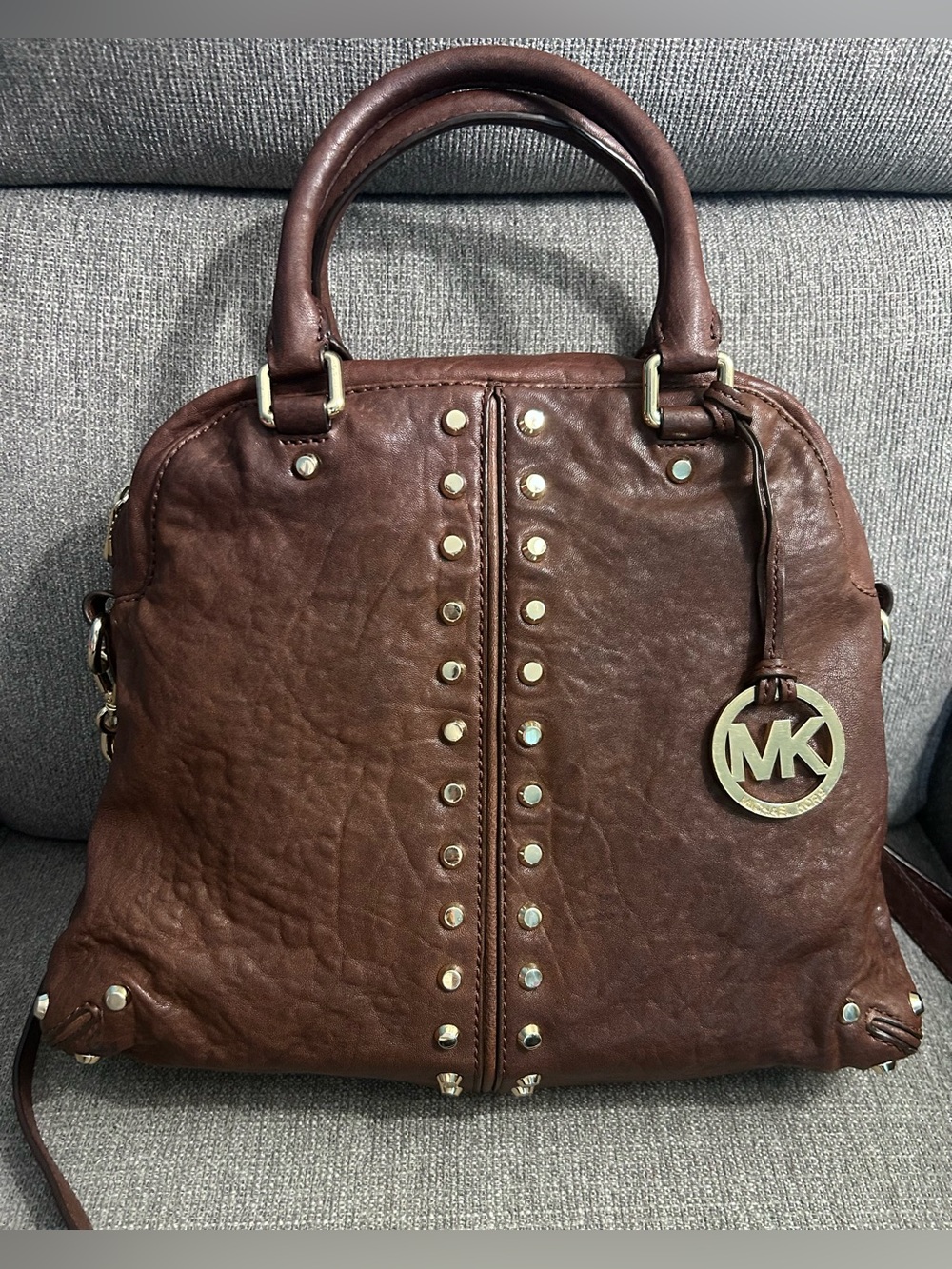 Michael Kors Brown Studded Leather Satchel with leather & chain crossbody strap